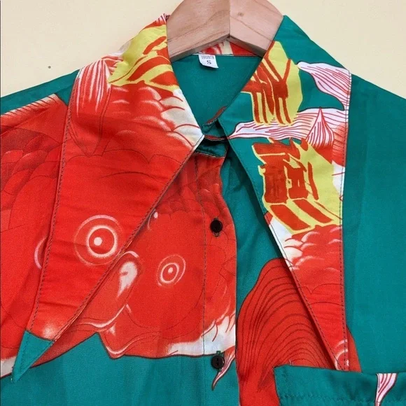 NIP Colorful Teal Orange Gold Fish Print Button Pointed 70s Style Retro Blouse S - Picture 3 of 11
